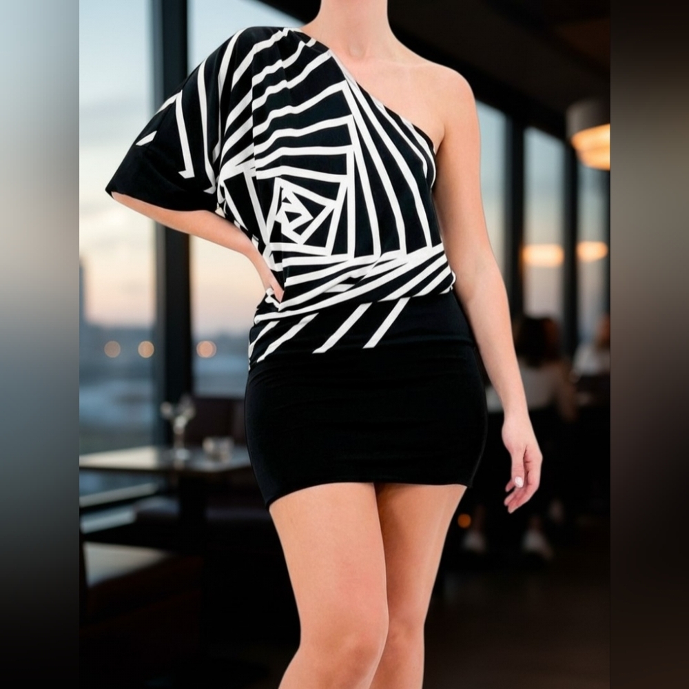 BCBGMAXAZRIA Black & White Combo One-Shoulder Mini Dress ~NWT